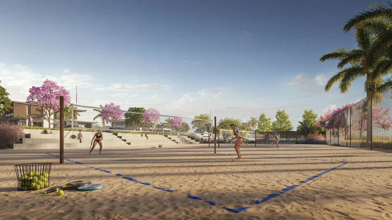 Perspectiva ilustrativa: quadras de beach tennis do Citàge Santé, com dimensões oficiais