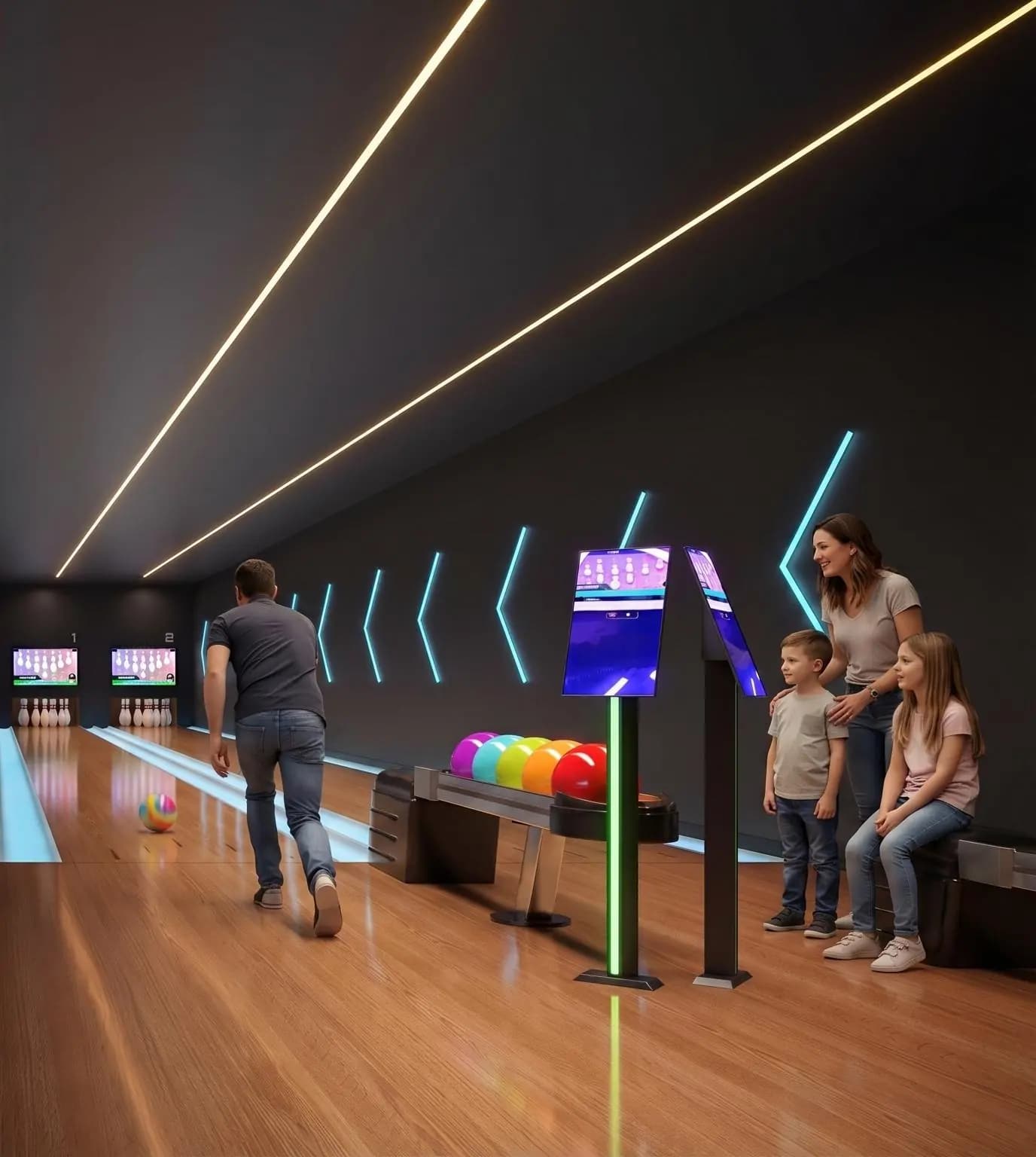 Perspectiva ilustrativa: pista de boliche do Clube Santé, com duas pistas de rolagem