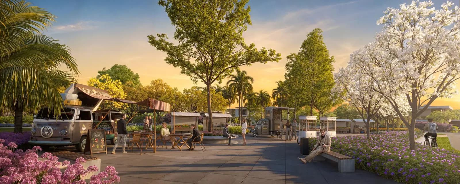Perspectiva ilustrativa: Boulevard Central do Citàge Santé ao fim da tarde, com a feira e as árvores floridas