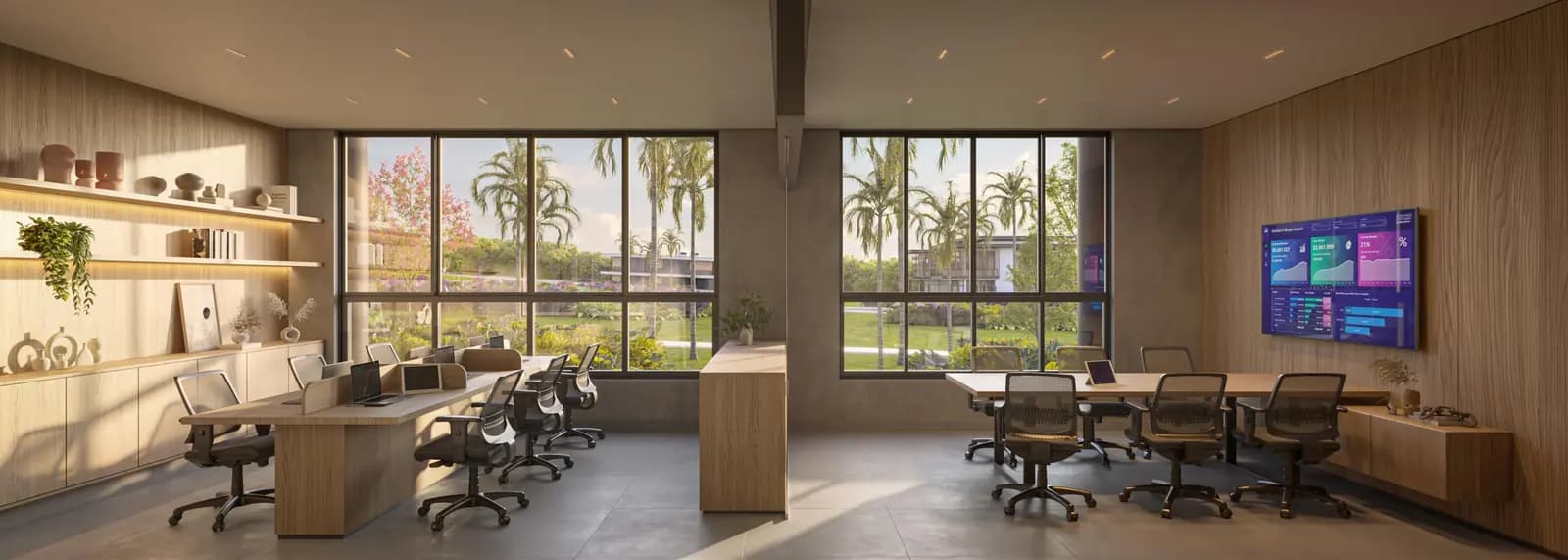 Perspectiva ilustrativa: coworking do Citàge Santé, com estações de trabalho e sala de reunião