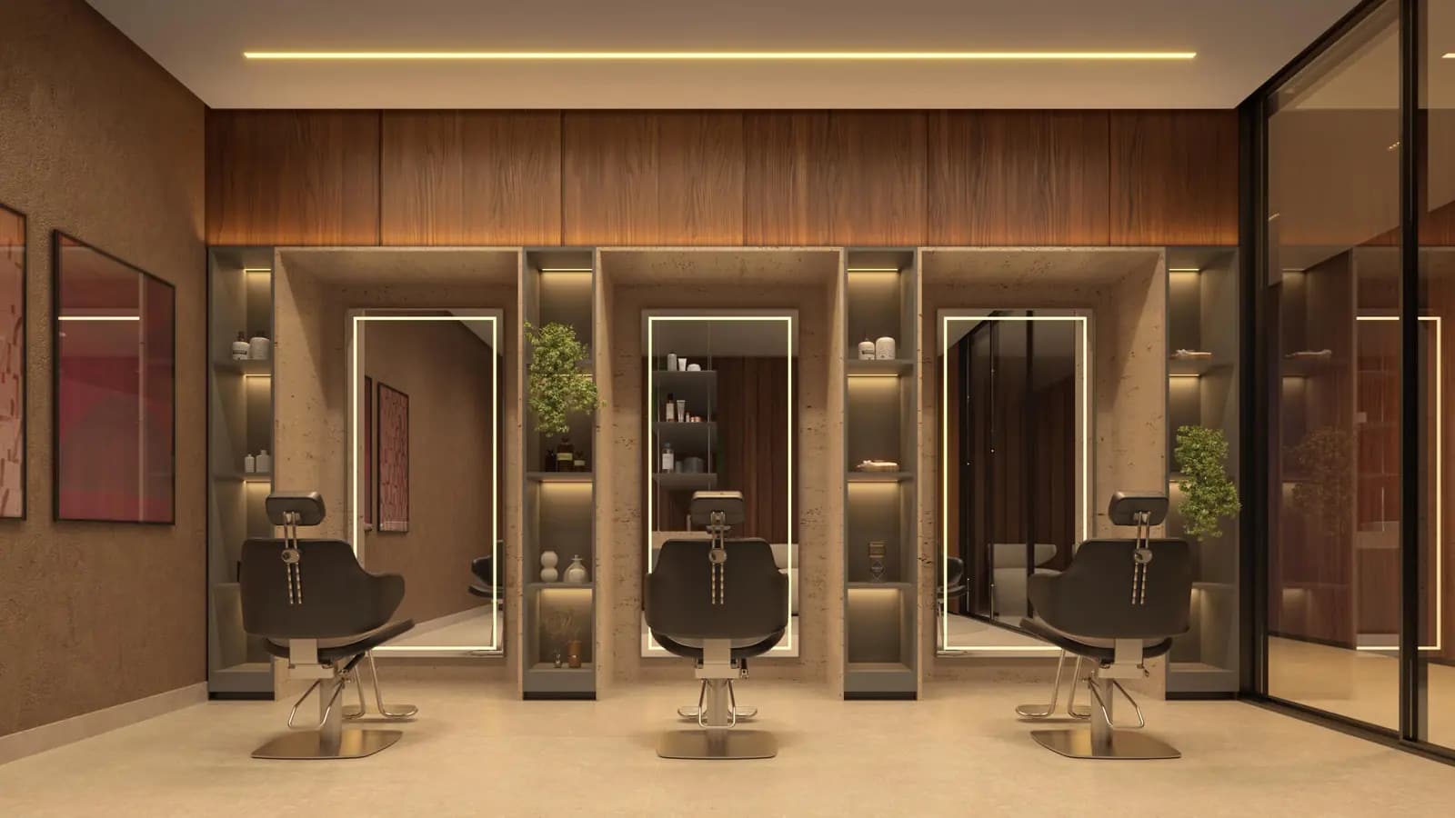 Perspectiva ilustrativa: espaço beauty do Clube Santé, com cadeiras e espelhos