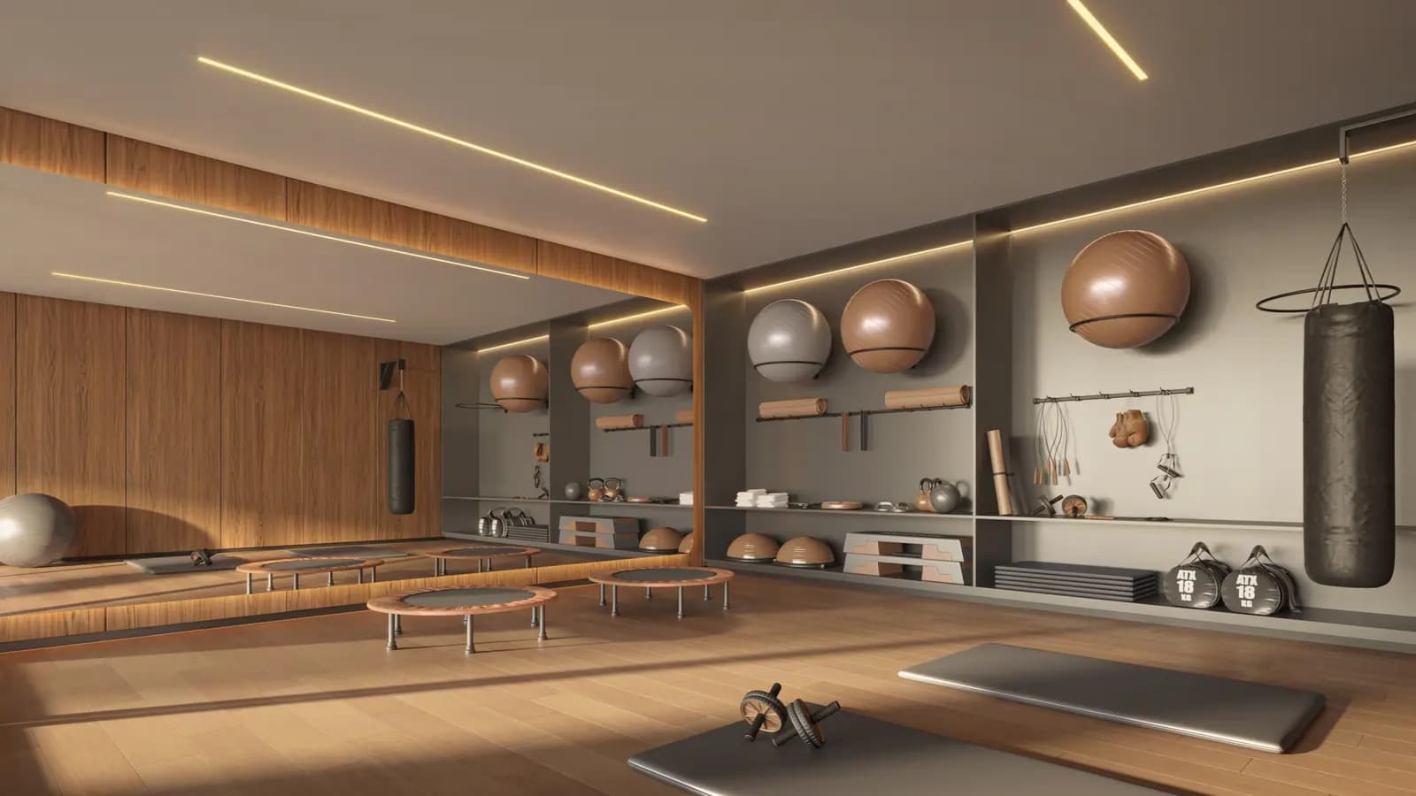 Perspectiva ilustrativa: fitness de 245 m² do Clube Santé, equipado com aparelhos profissionais