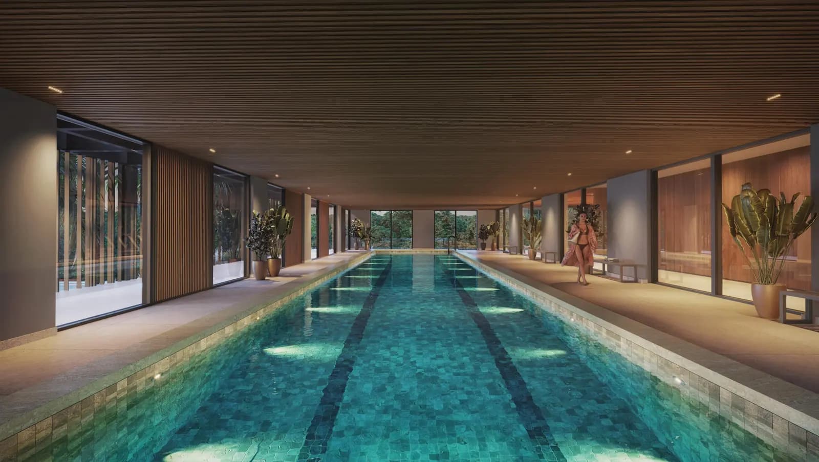 Perspectiva ilustrativa: piscina semiolímpica coberta e climatizada do Clube Santé, com raia de 25 metros