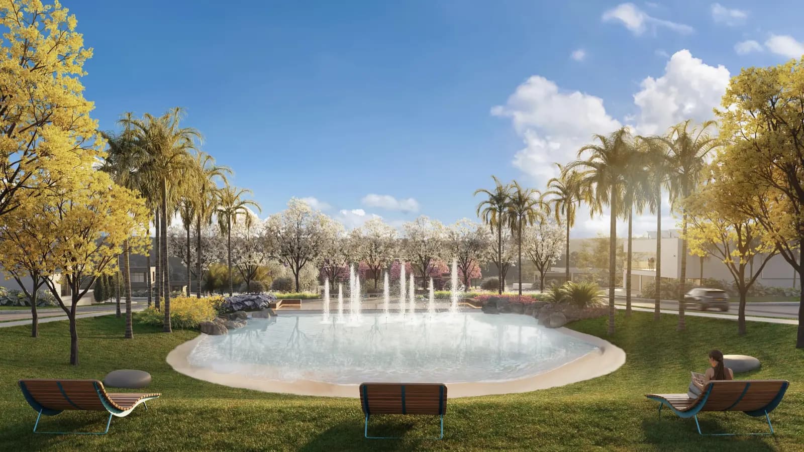 Perspectiva ilustrativa: prainha e a fonte do Boulevard Central, com espreguiçadeiras e ipês ao redor