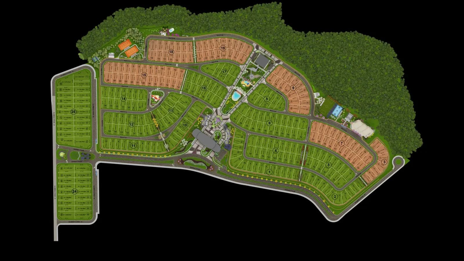Perspectiva ilustrativa: implantação geral do Citàge Santé, com as quadras de lotes e a área de preservação
