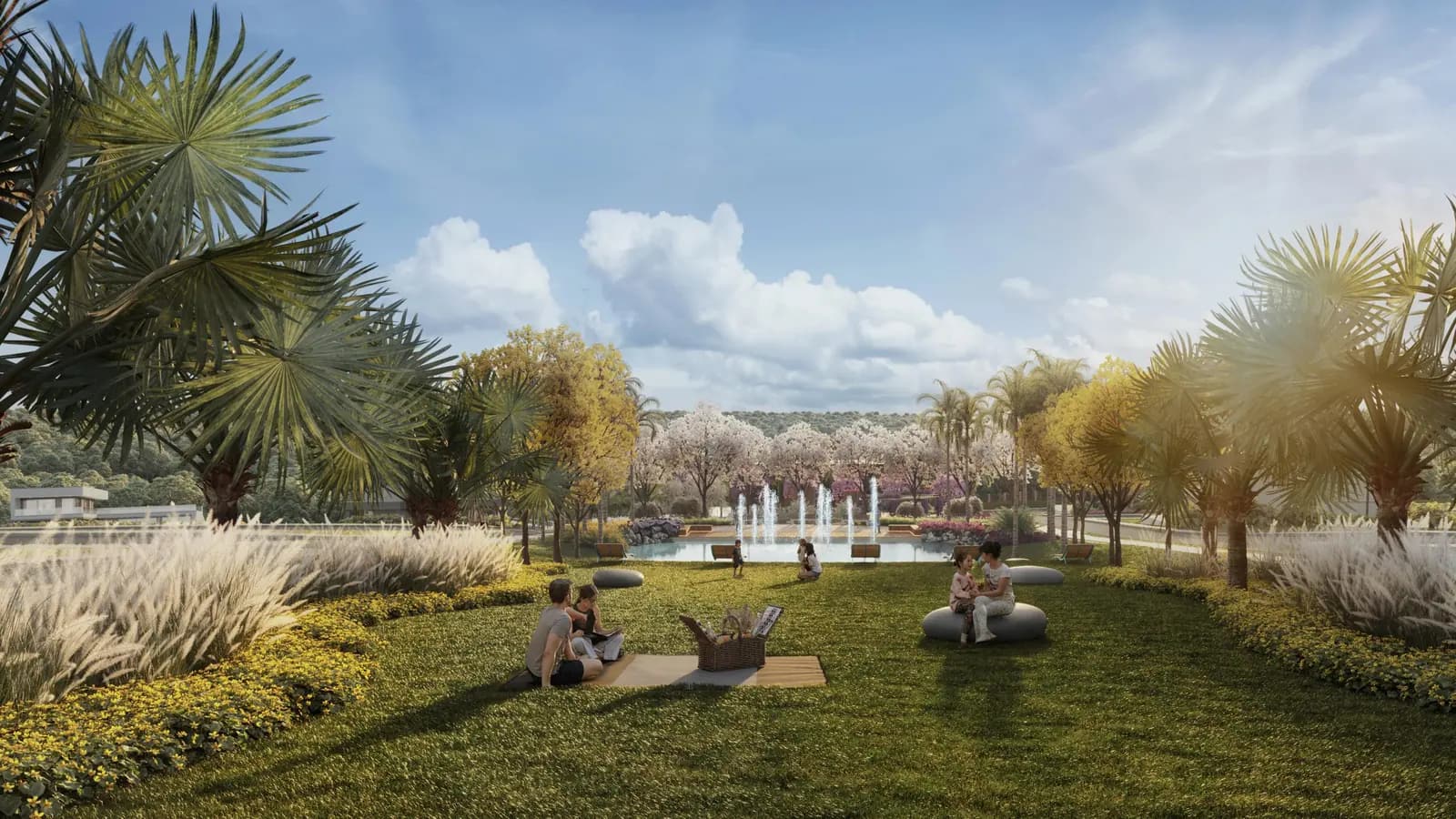 Perspectiva ilustrativa: lounge verde do Citàge Santé, com gramado, bancos e paisagismo