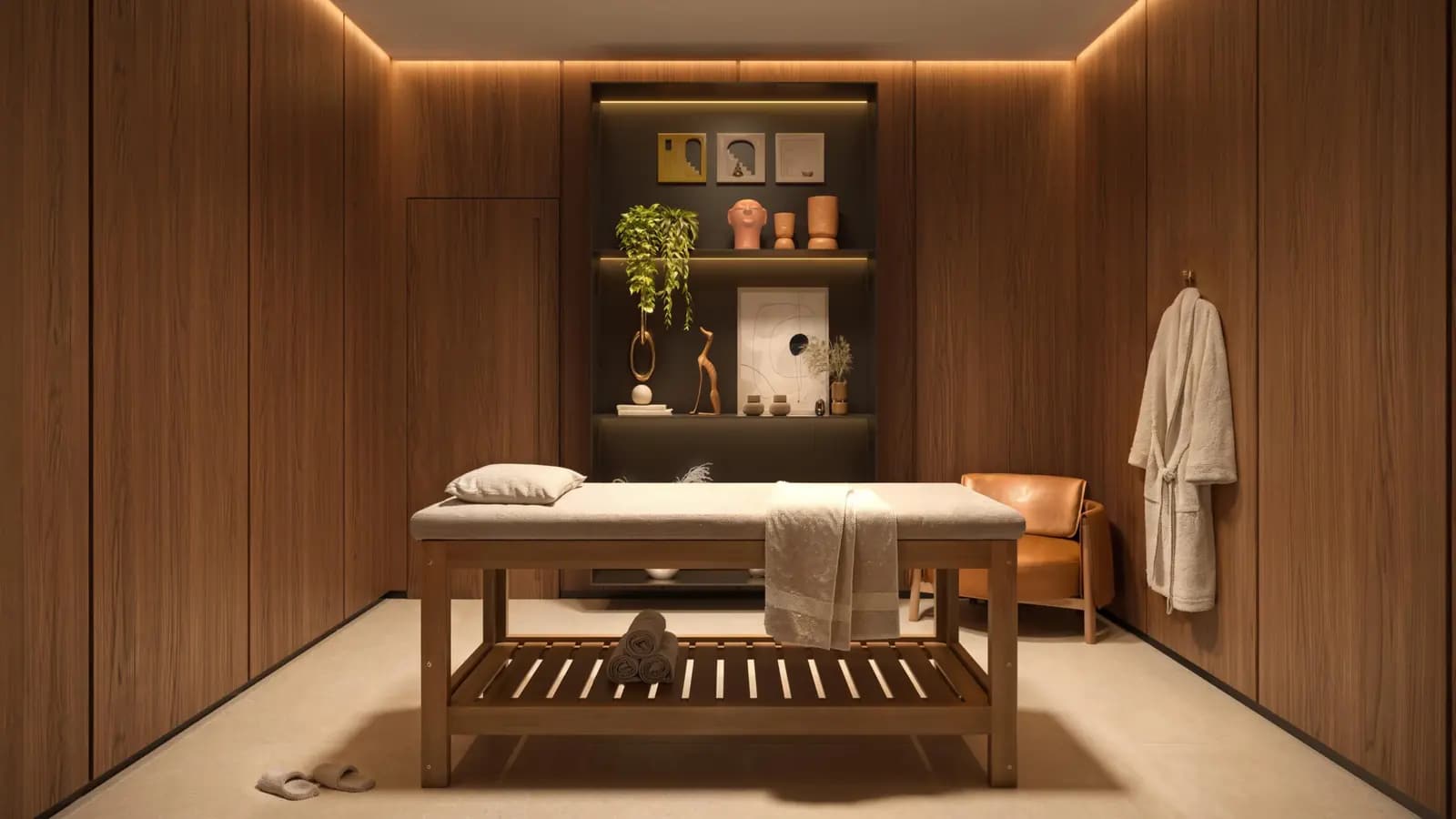 Perspectiva ilustrativa: sala de massagem do Clube Santé, em madeira e luz indireta