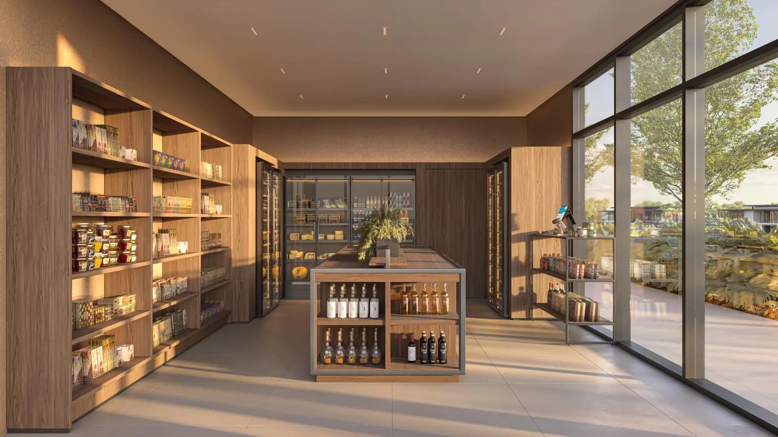 Perspectiva ilustrativa: minimarket do Citàge Santé, com prateleiras de madeira e vista para o jardim