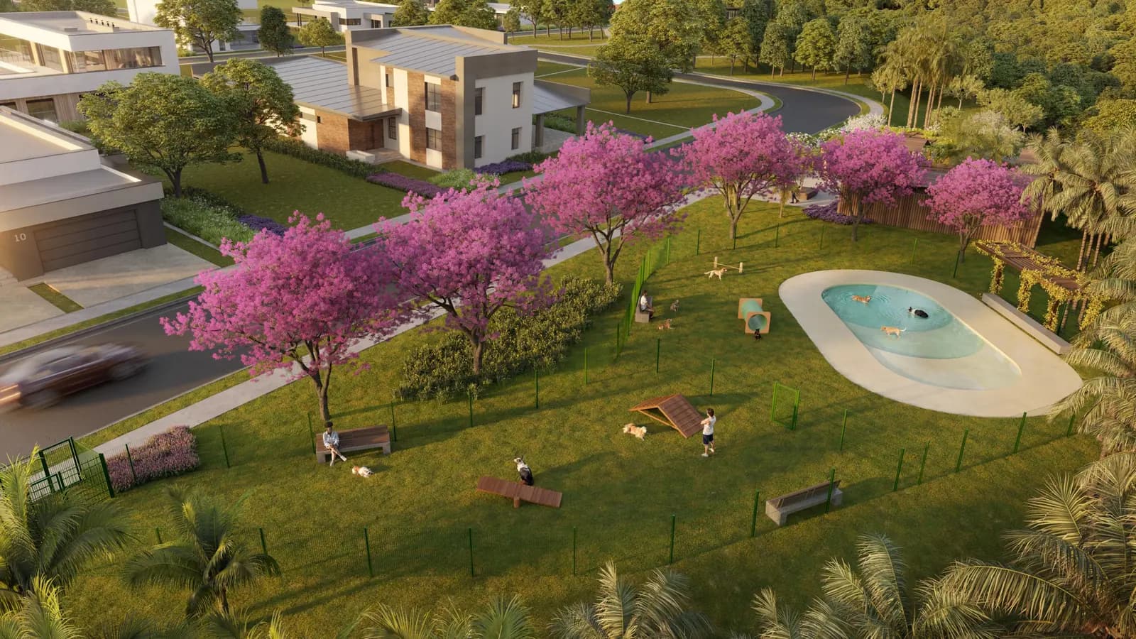 Perspectiva ilustrativa: pet place do Citàge Santé, com piscina para cães e gramado