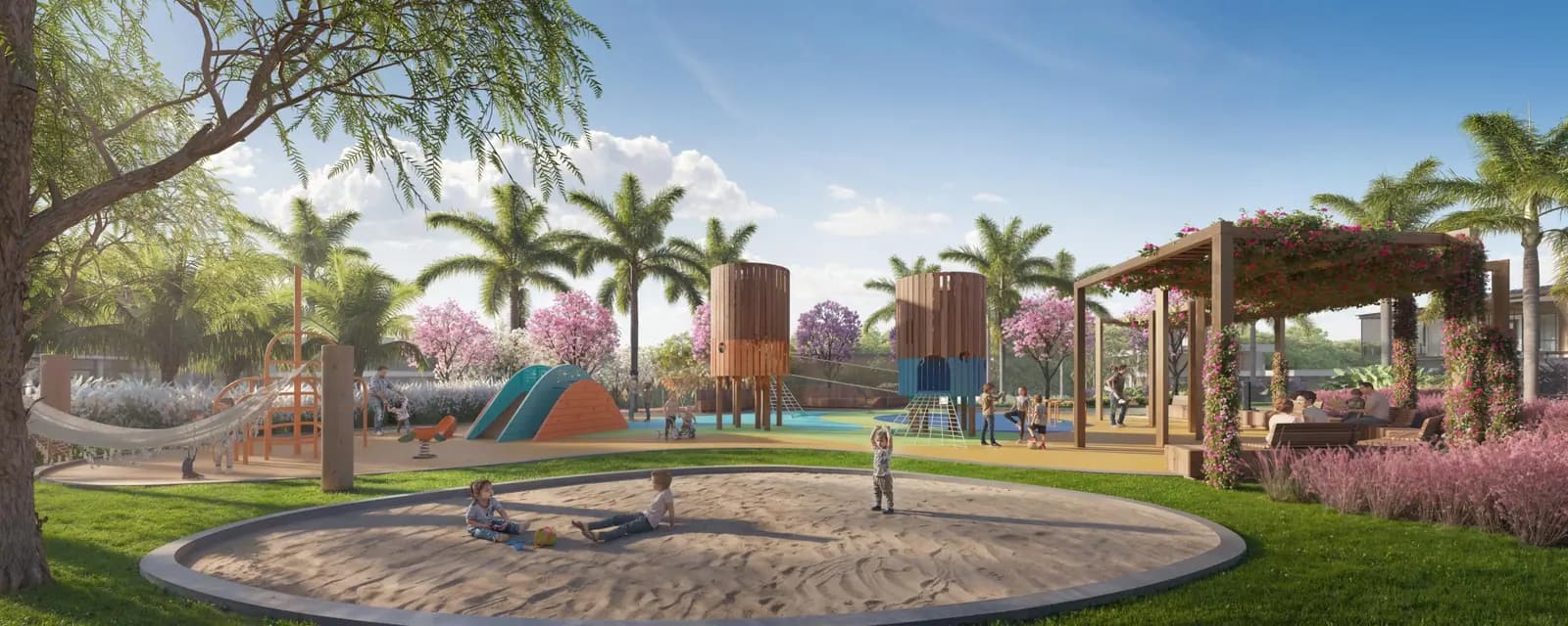 Perspectiva ilustrativa: playground do boulevard, com brinquedos e pergolado
