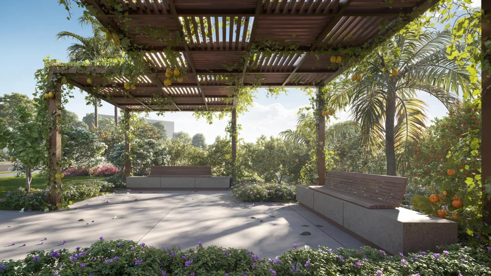 Perspectiva ilustrativa: pomar garden do Citàge Santé, com pergolado e vegetação frutífera