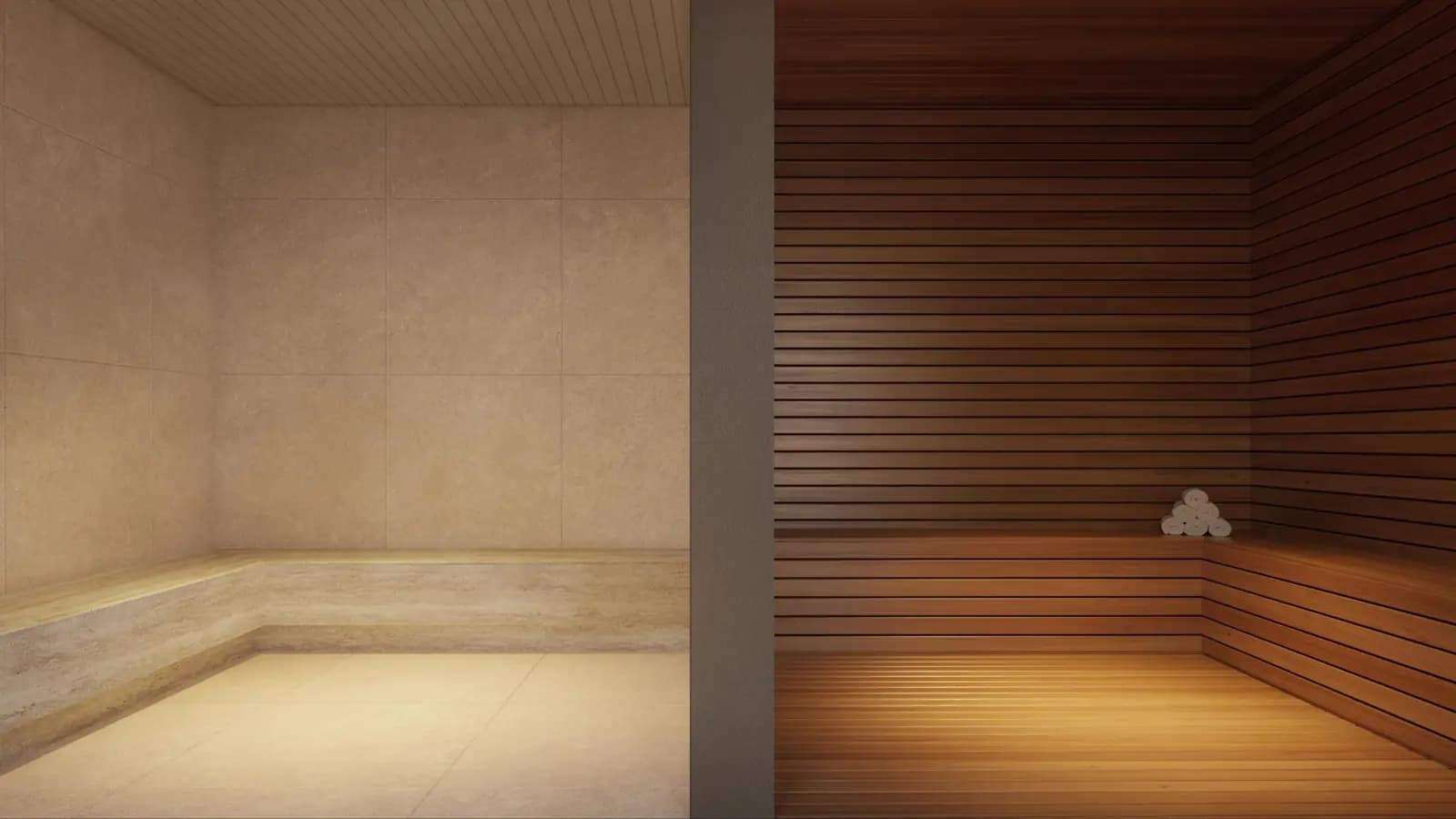 Perspectiva ilustrativa: saunas seca e úmida do Clube Santé