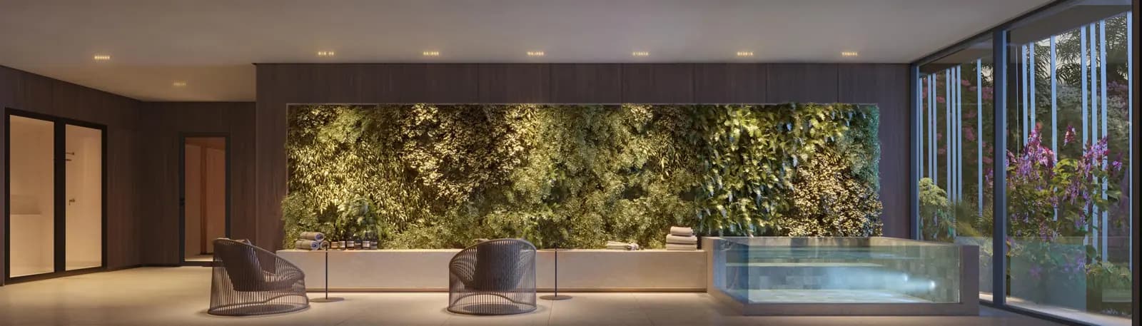 Perspectiva ilustrativa: spa do Clube Santé, com jardim vertical e a banheira de gelo para crioterapia