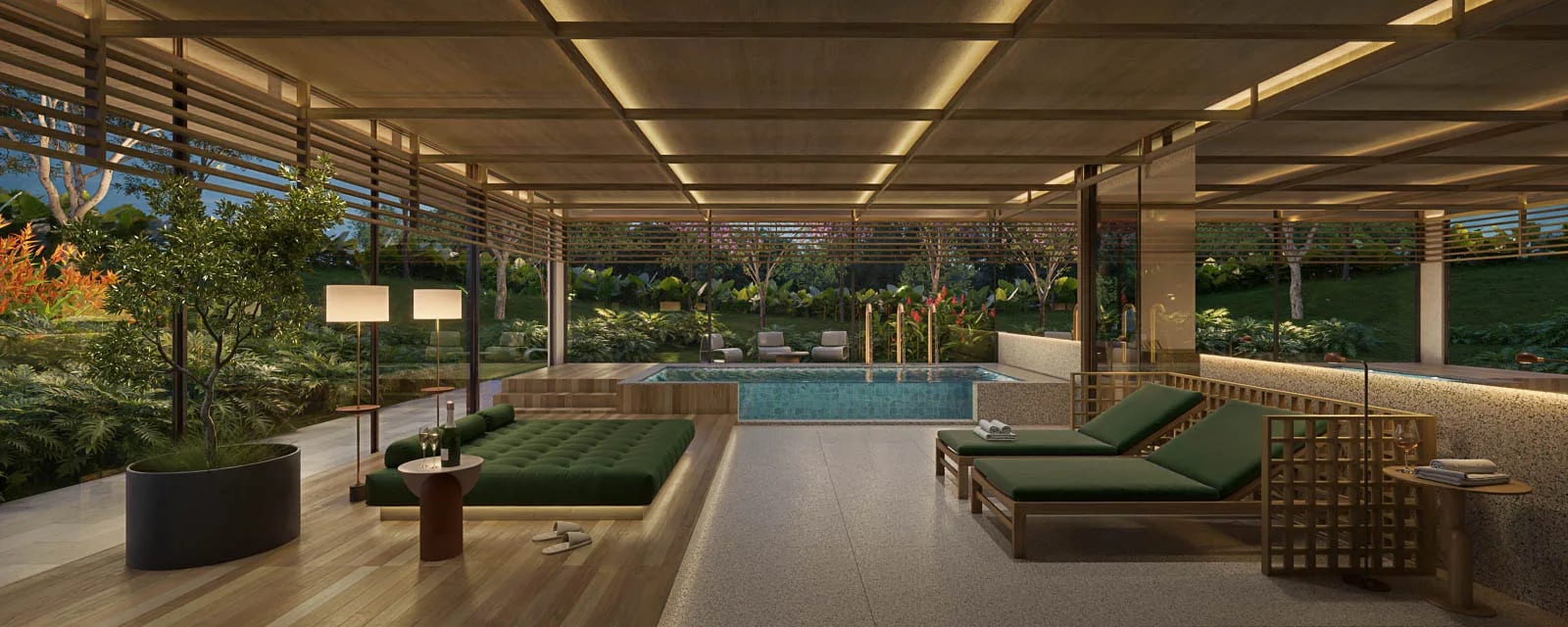 Spa com piscina de borda de vidro